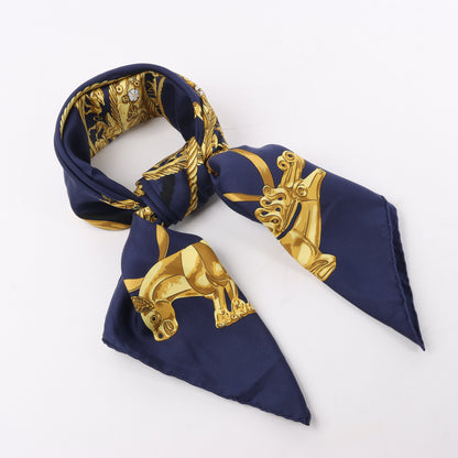 Hermès Carré 90 "LES CAVALIERS D'OR" 100% Silk Scarf in Navy Blue x Gold