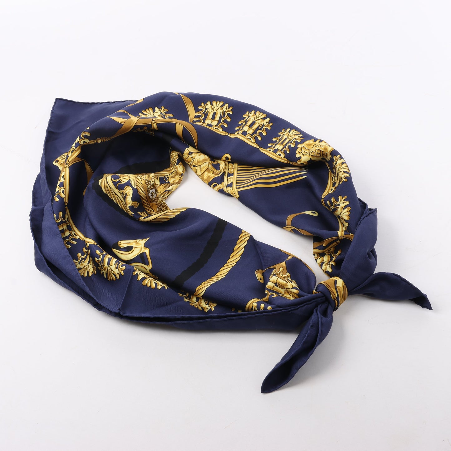 Hermès Carré 90 "LES CAVALIERS D'OR" 100% Silk Scarf in Navy Blue x Gold