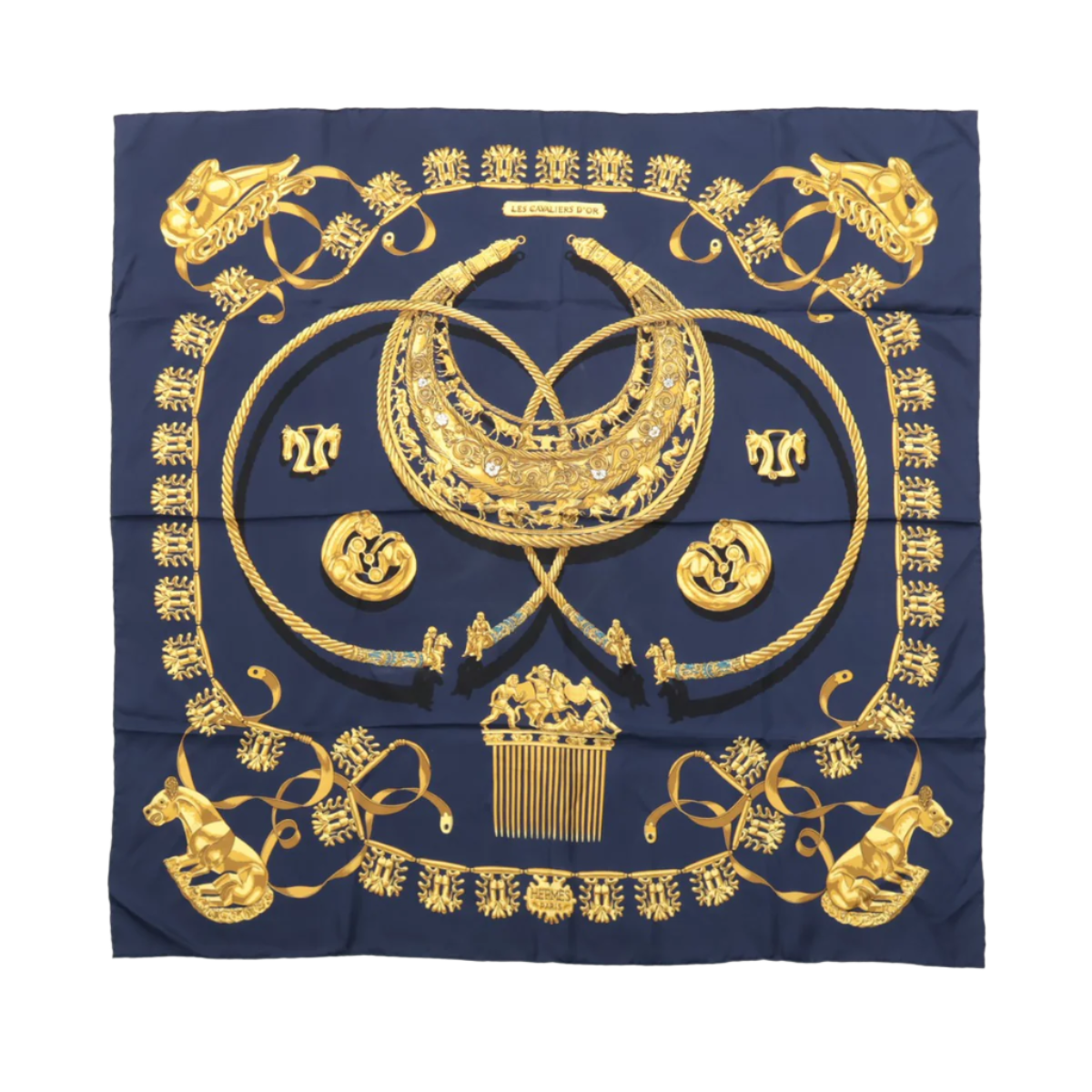 Hermès Carré 90 "LES CAVALIERS D'OR" 100% Silk Scarf in Navy Blue x Gold