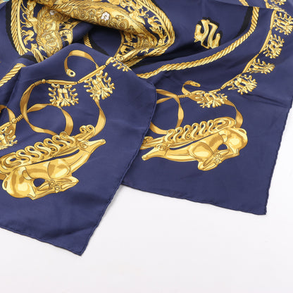 Hermès Carré 90 "LES CAVALIERS D'OR" 100% Silk Scarf in Navy Blue x Gold