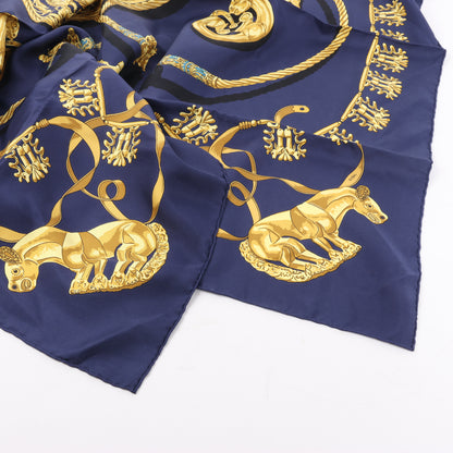 Hermès Carré 90 "LES CAVALIERS D'OR" 100% Silk Scarf in Navy Blue x Gold