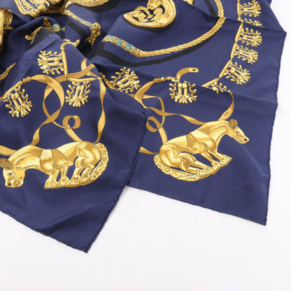 Hermès Carré 90 "LES CAVALIERS D'OR" 100% Silk Scarf in Navy Blue x Gold
