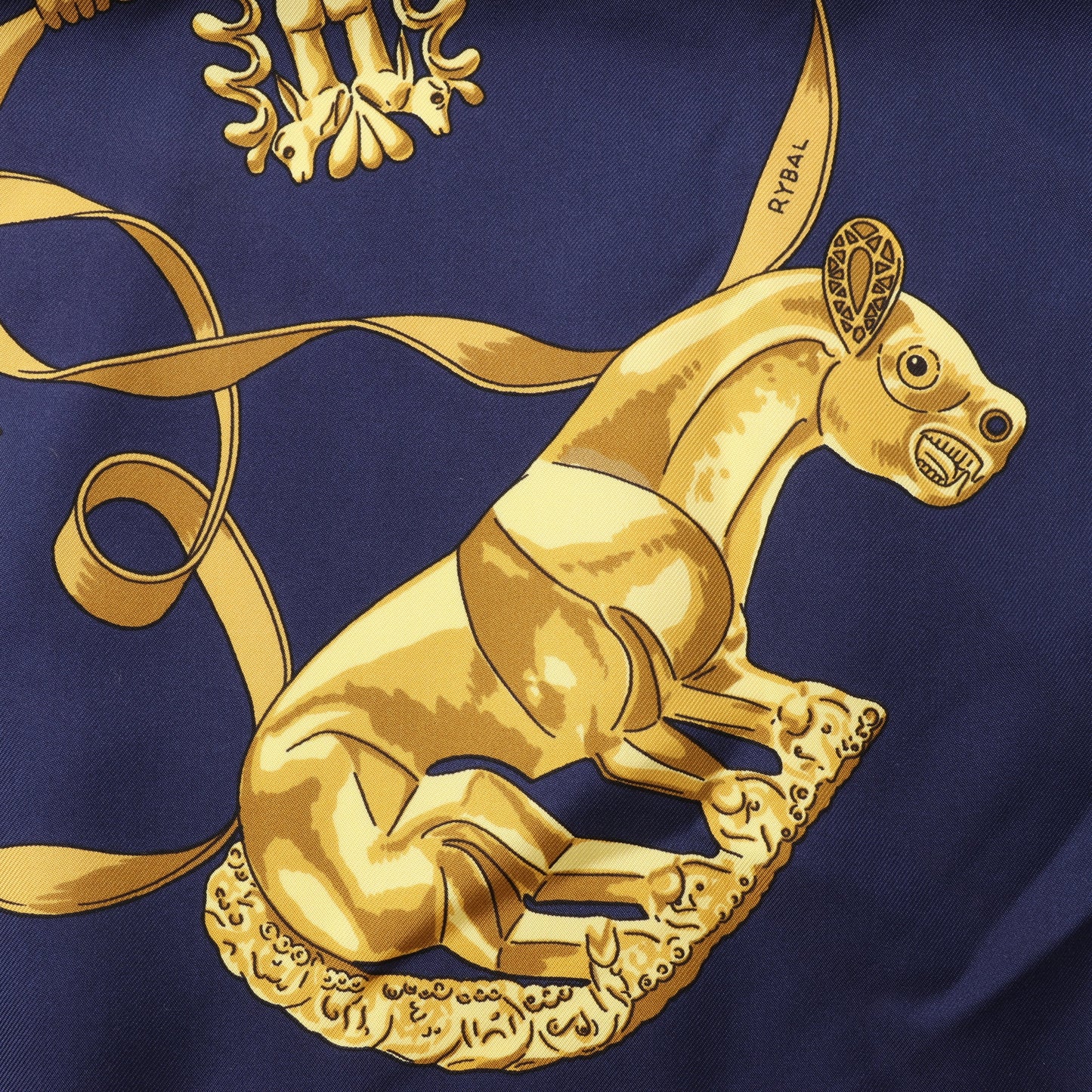 Hermès Carré 90 "LES CAVALIERS D'OR" 100% Silk Scarf in Navy Blue x Gold