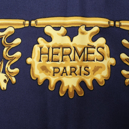 Hermès Carré 90 "LES CAVALIERS D'OR" 100% Silk Scarf in Navy Blue x Gold