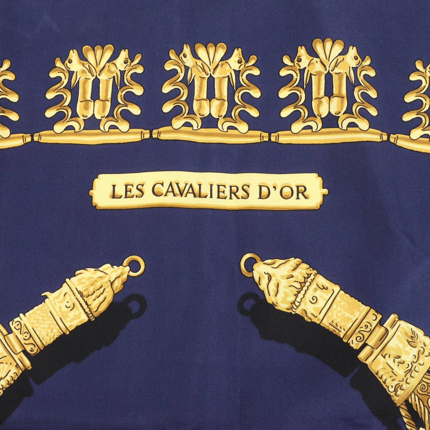 Hermès Carré 90 "LES CAVALIERS D'OR" 100% Silk Scarf in Navy Blue x Gold