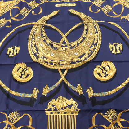 Hermès Carré 90 "LES CAVALIERS D'OR" 100% Silk Scarf in Navy Blue x Gold