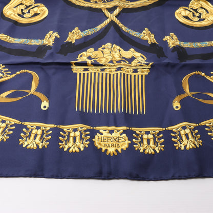 Hermès Carré 90 "LES CAVALIERS D'OR" 100% Silk Scarf in Navy Blue x Gold