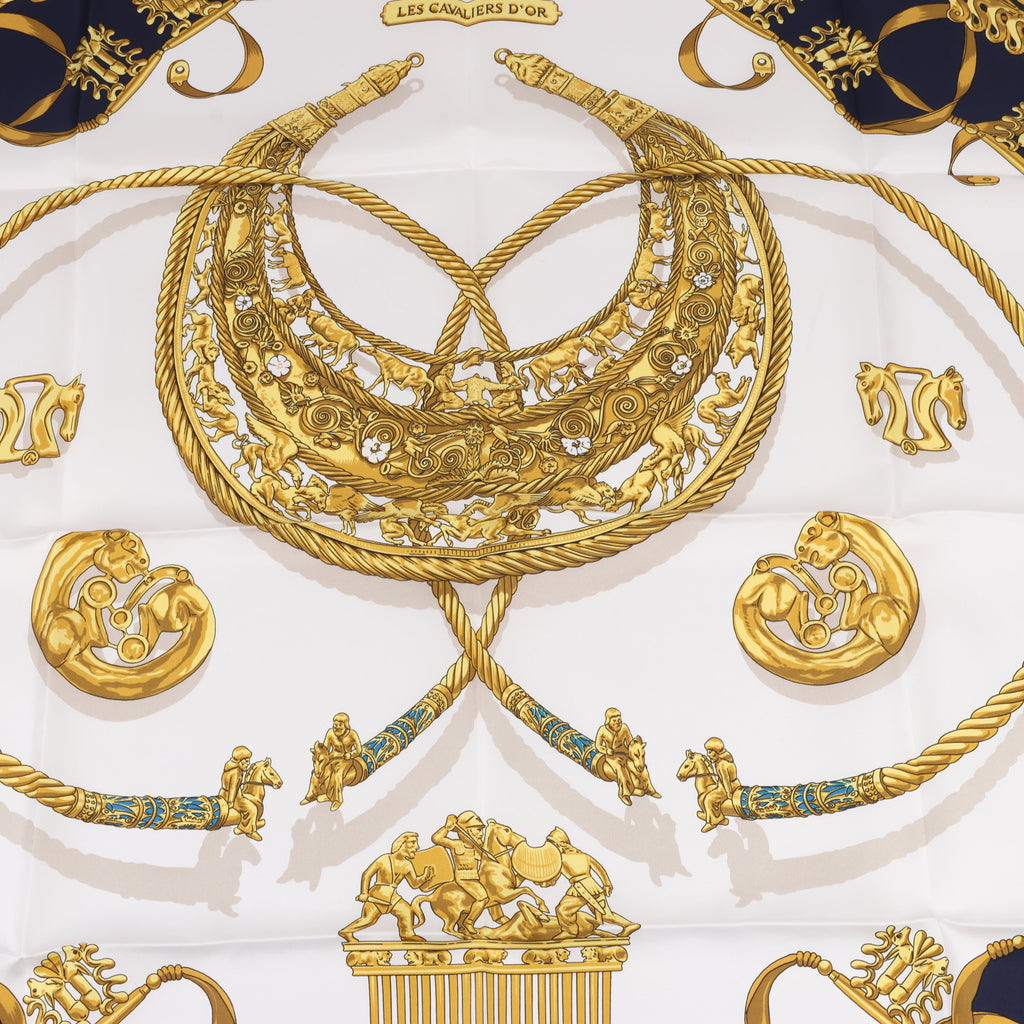 Hermès Carré 90 "LES CAVALIERS D'OR" Silk handkerchief in Navy Blue