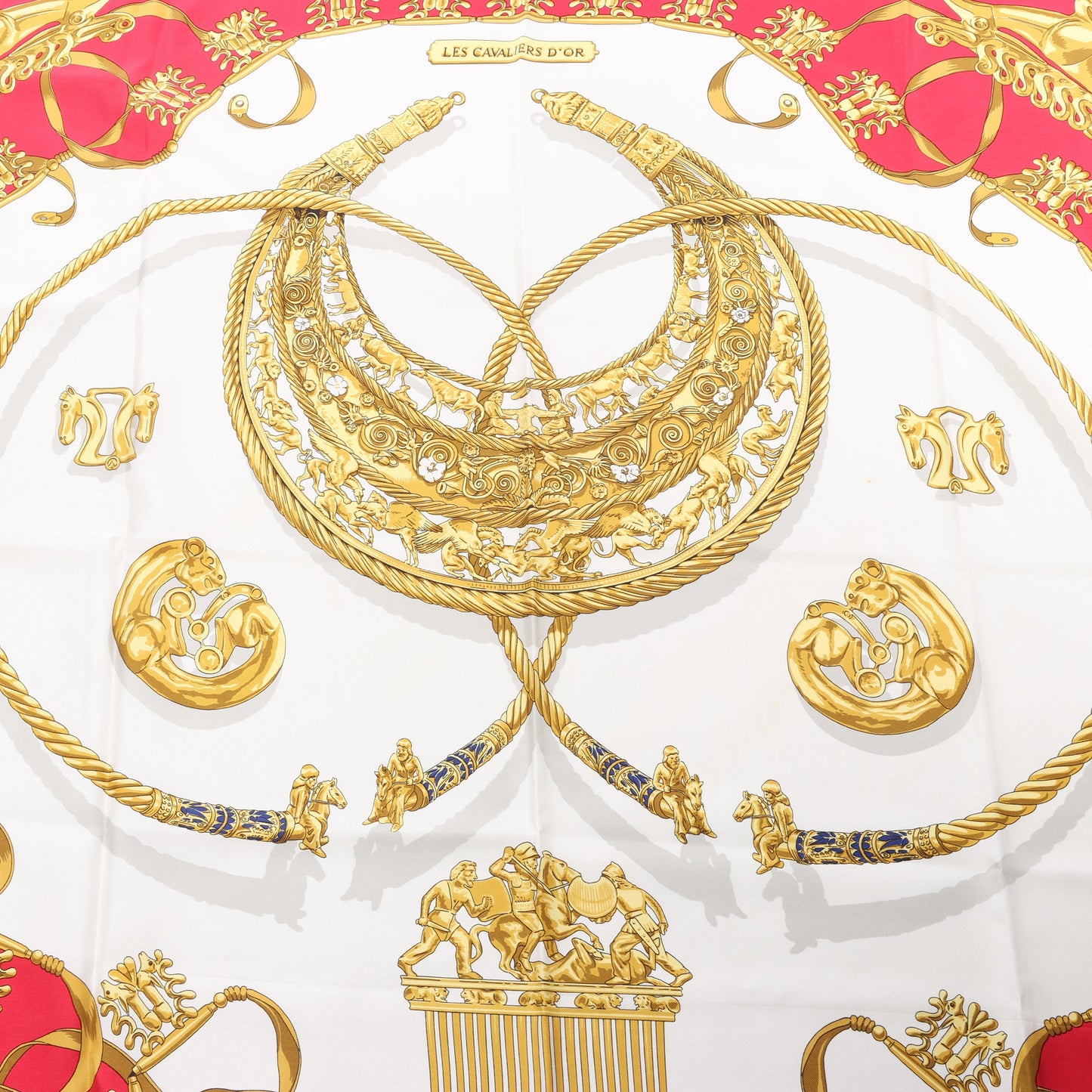 Hermès Carré 90 "LES CAVALIERS D'OR" 100% Silk Scarf in Red