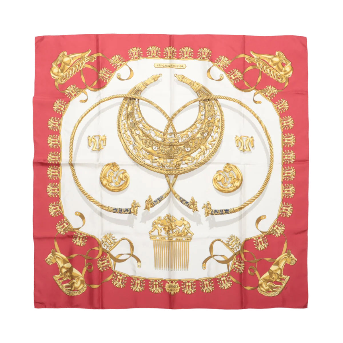 Hermès Carré 90 "LES CAVALIERS D'OR" 100% Silk Scarf in Red