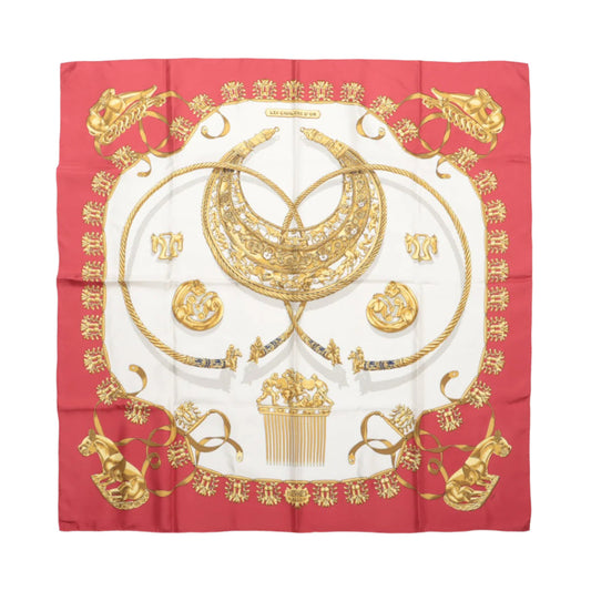 Hermès Carré 90 "LES CAVALIERS D'OR" 100% Silk Scarf in Red