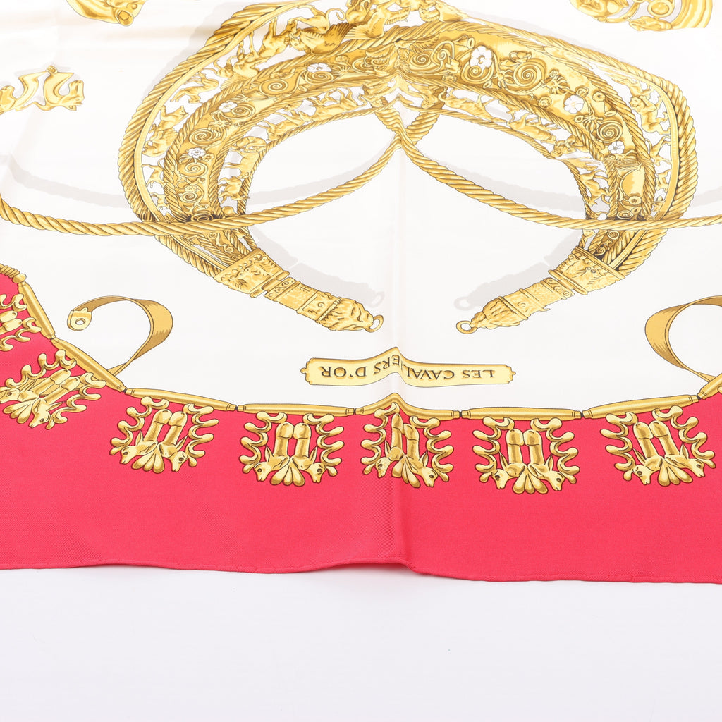 Hermès Carré 90 "LES CAVALIERS D'OR" 100% Silk Scarf in Red