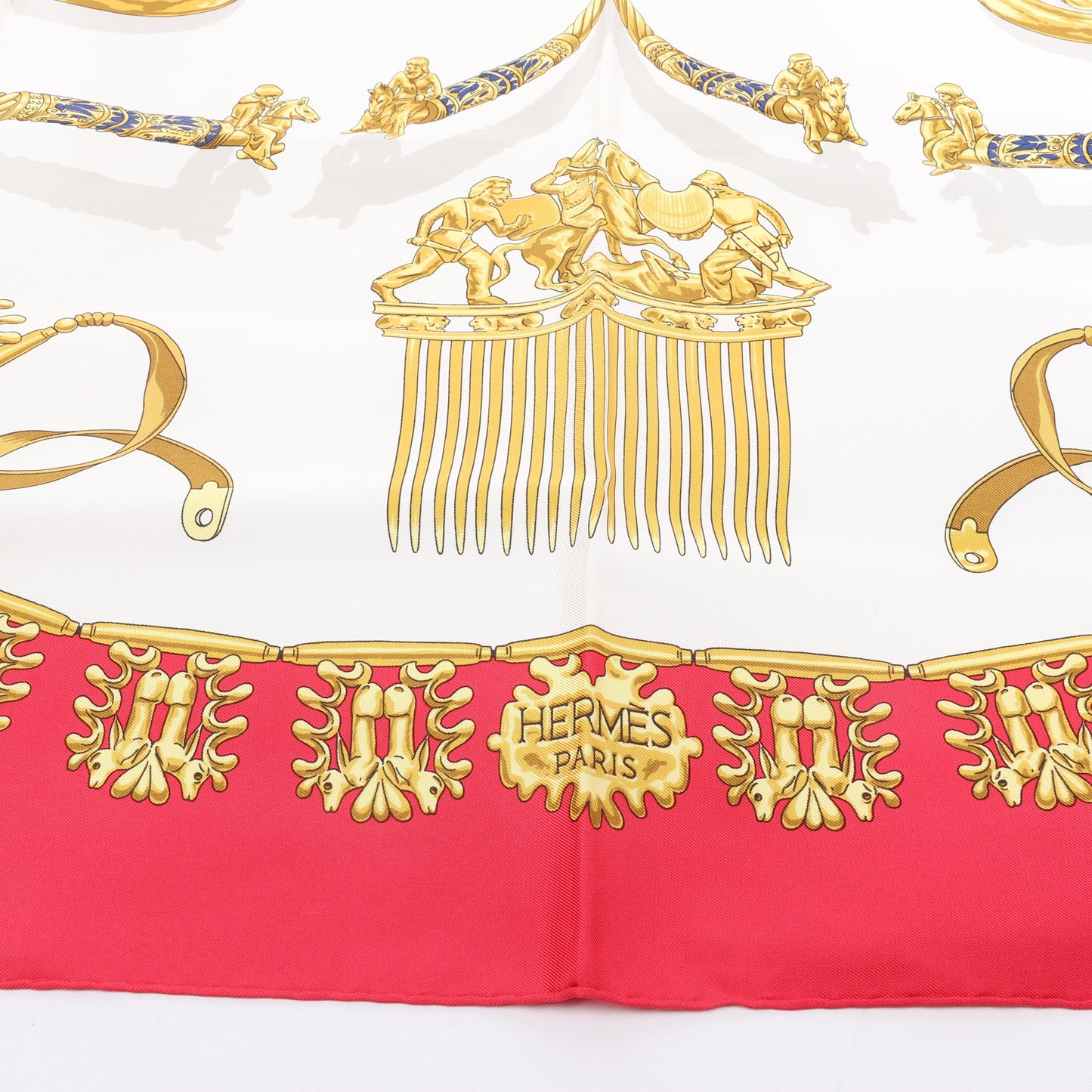 Hermès Carré 90 "LES CAVALIERS D'OR" 100% Silk Scarf in Red