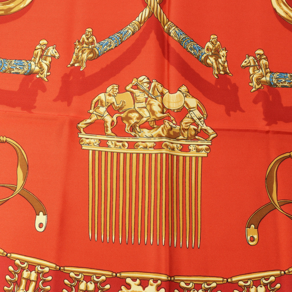Hermès Carré 90 "LES CAVALIERS D'OR" Silk handkerchief in Red