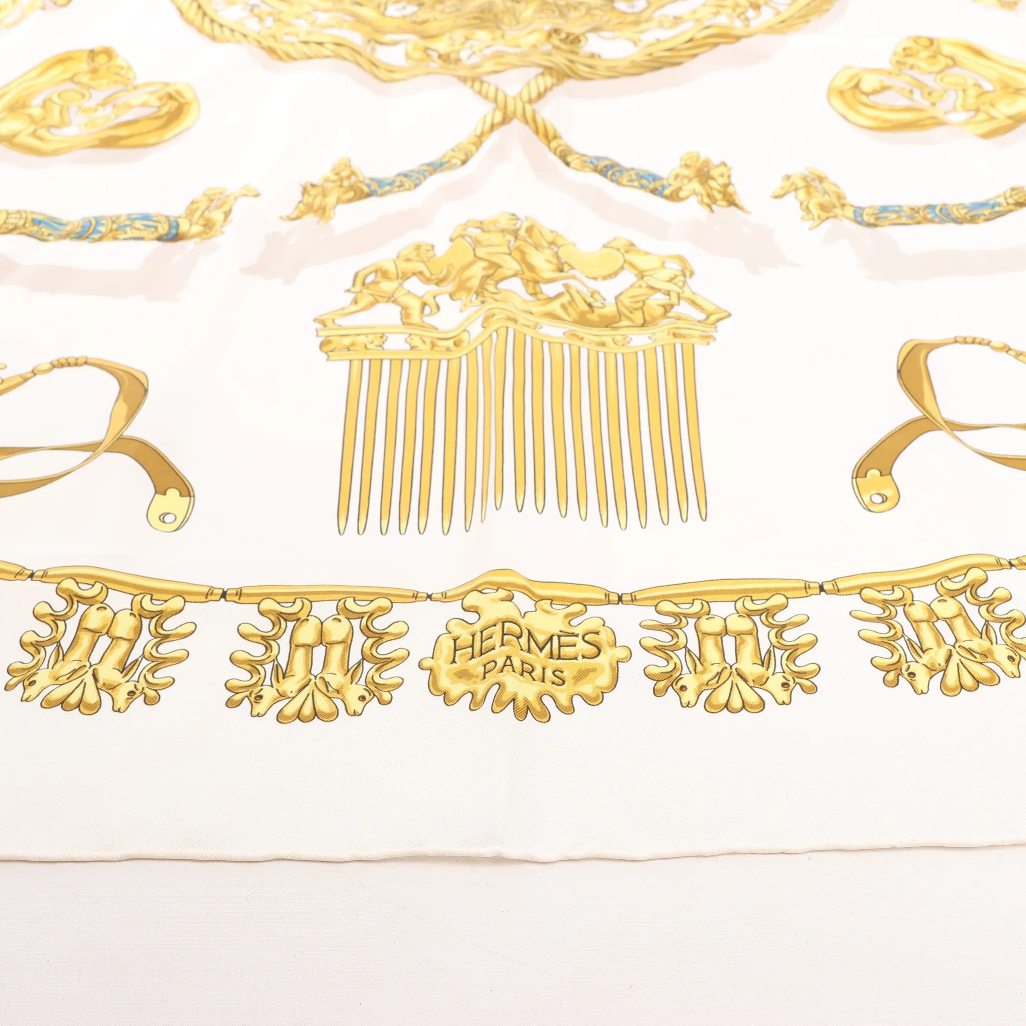 Hermès Carré 90 "LES CAVALIERS D'OR" Silk handkerchief in White