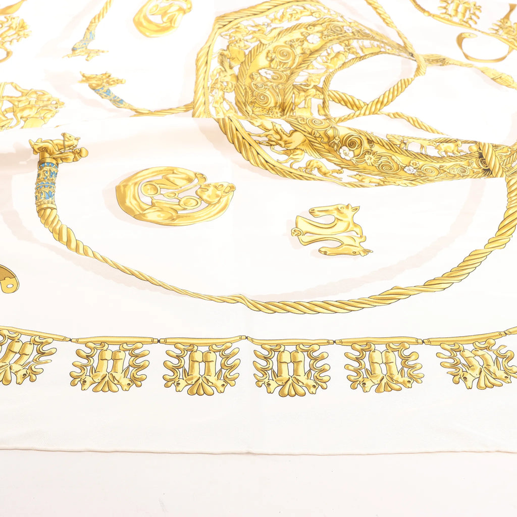 Hermès Carré 90 "LES CAVALIERS D'OR" Silk handkerchief in White