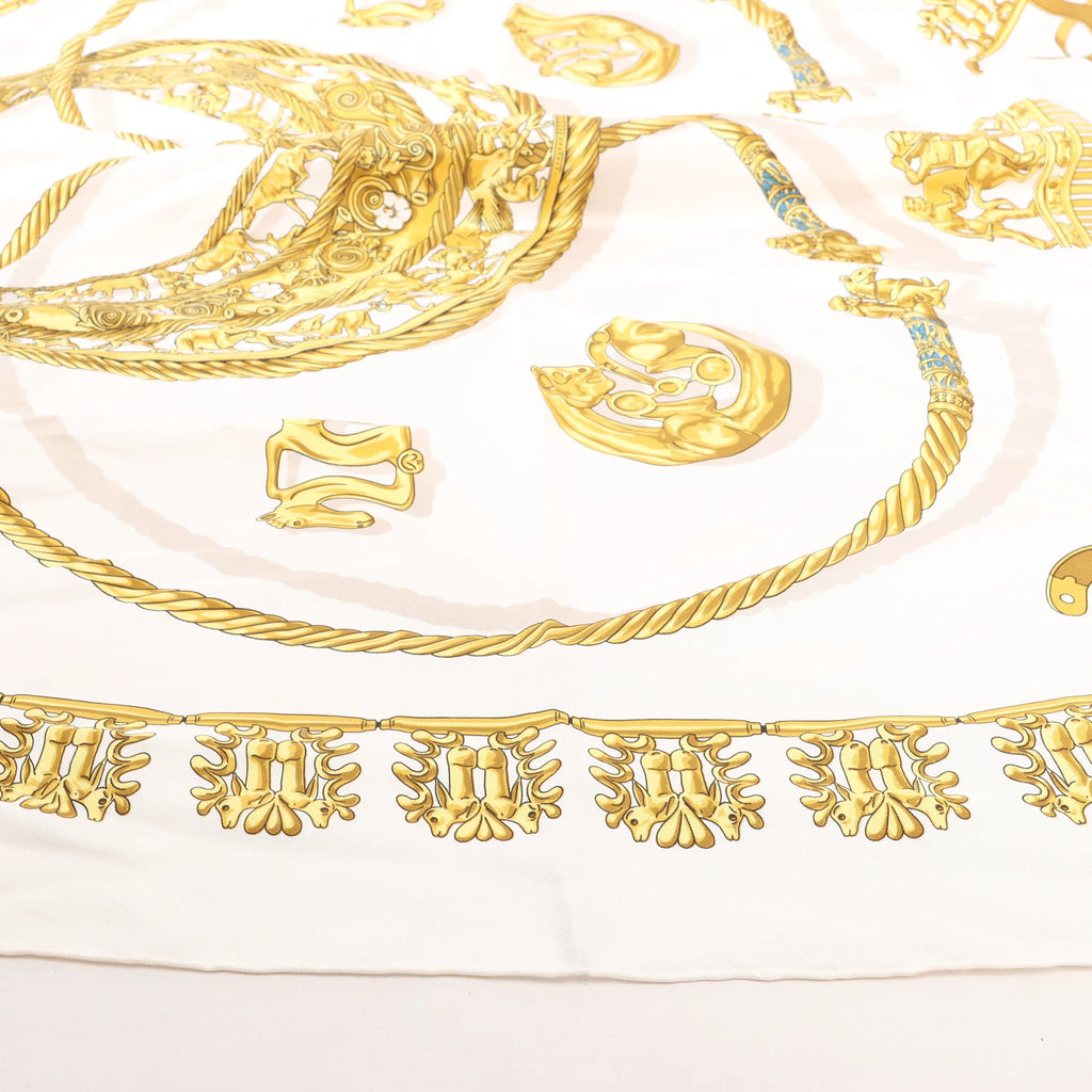 Hermès Carré 90 "LES CAVALIERS D'OR" Silk handkerchief in White