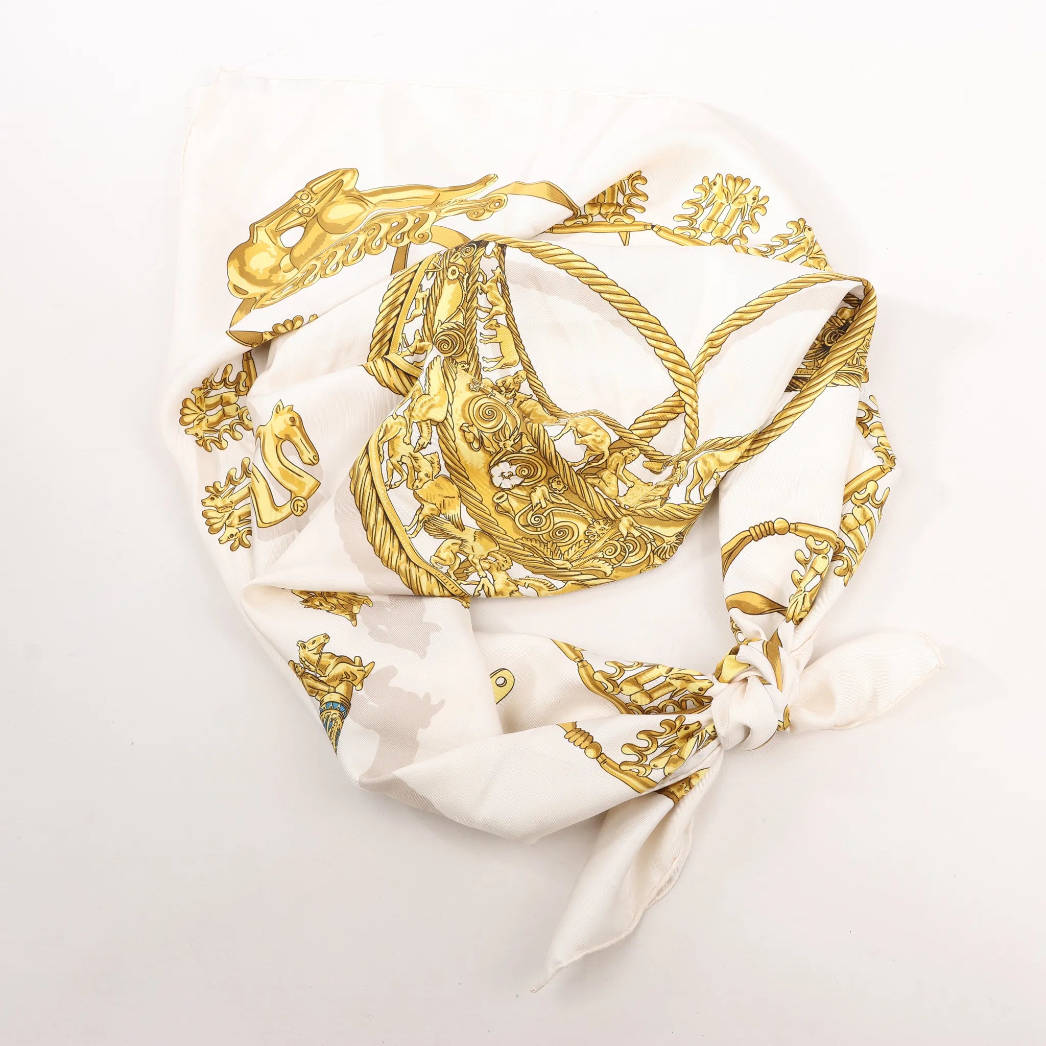 Hermès Carré 90 "LES CAVALIERS D'OR" Silk handkerchief in White