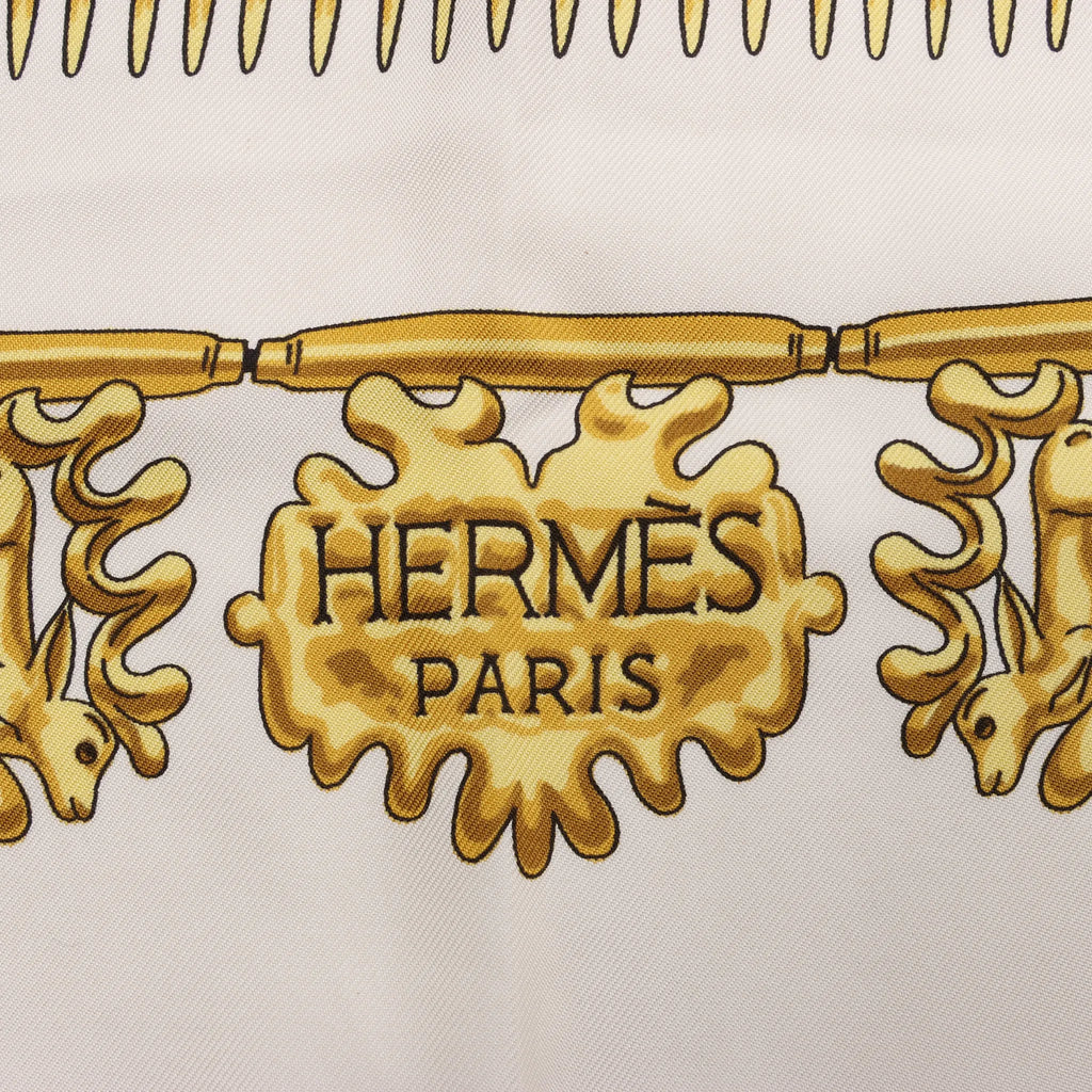 Hermès Carré 90 "LES CAVALIERS D'OR" Silk handkerchief in White
