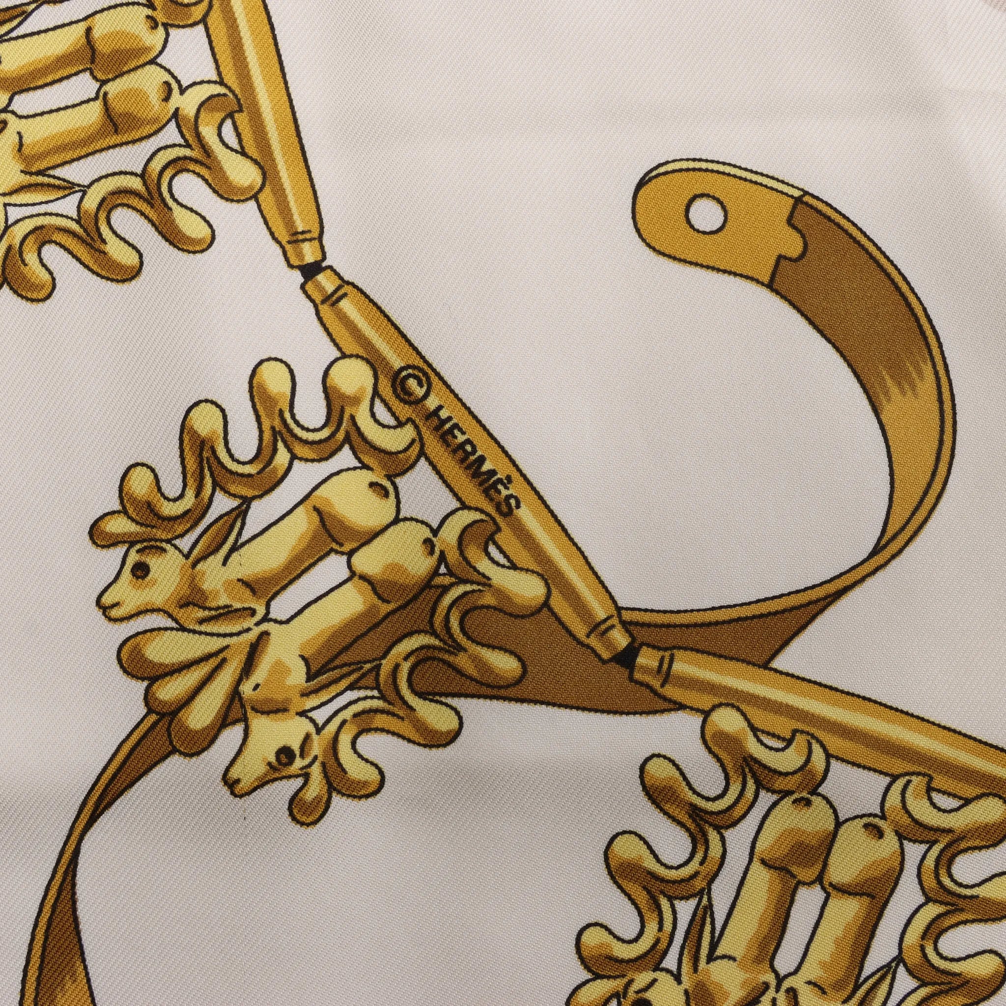 Hermès Carré 90 "LES CAVALIERS D'OR" Silk handkerchief in White