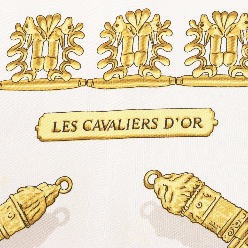 Hermès Carré 90 "LES CAVALIERS D'OR" Silk handkerchief in White