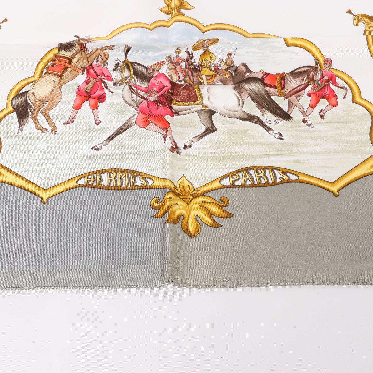 Hermès Carré 90 "LES CHEVAUX DES MOGHOLS" Silk handkerchief in Gray