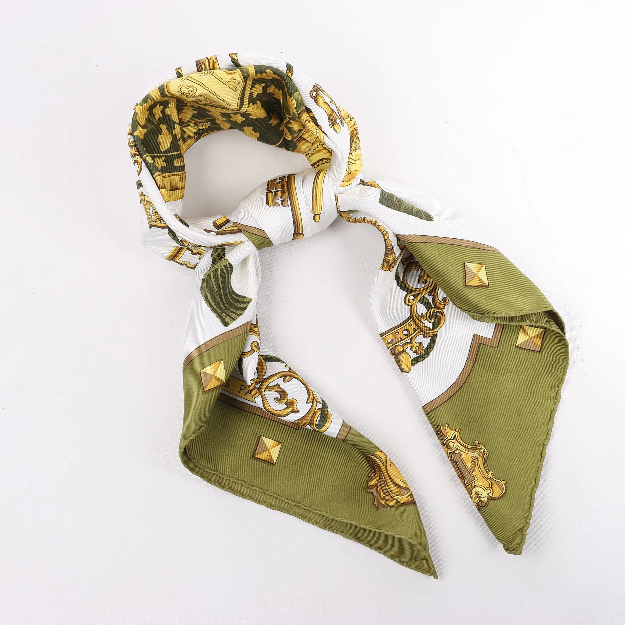 Hermès Carré 90 "LES CLES" Silk handkerchief in Khaki