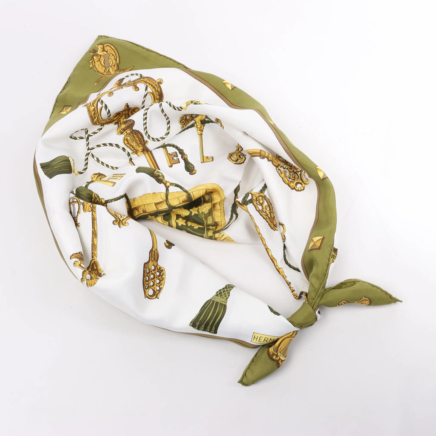 Hermès Carré 90 "LES CLES" Silk handkerchief in Khaki