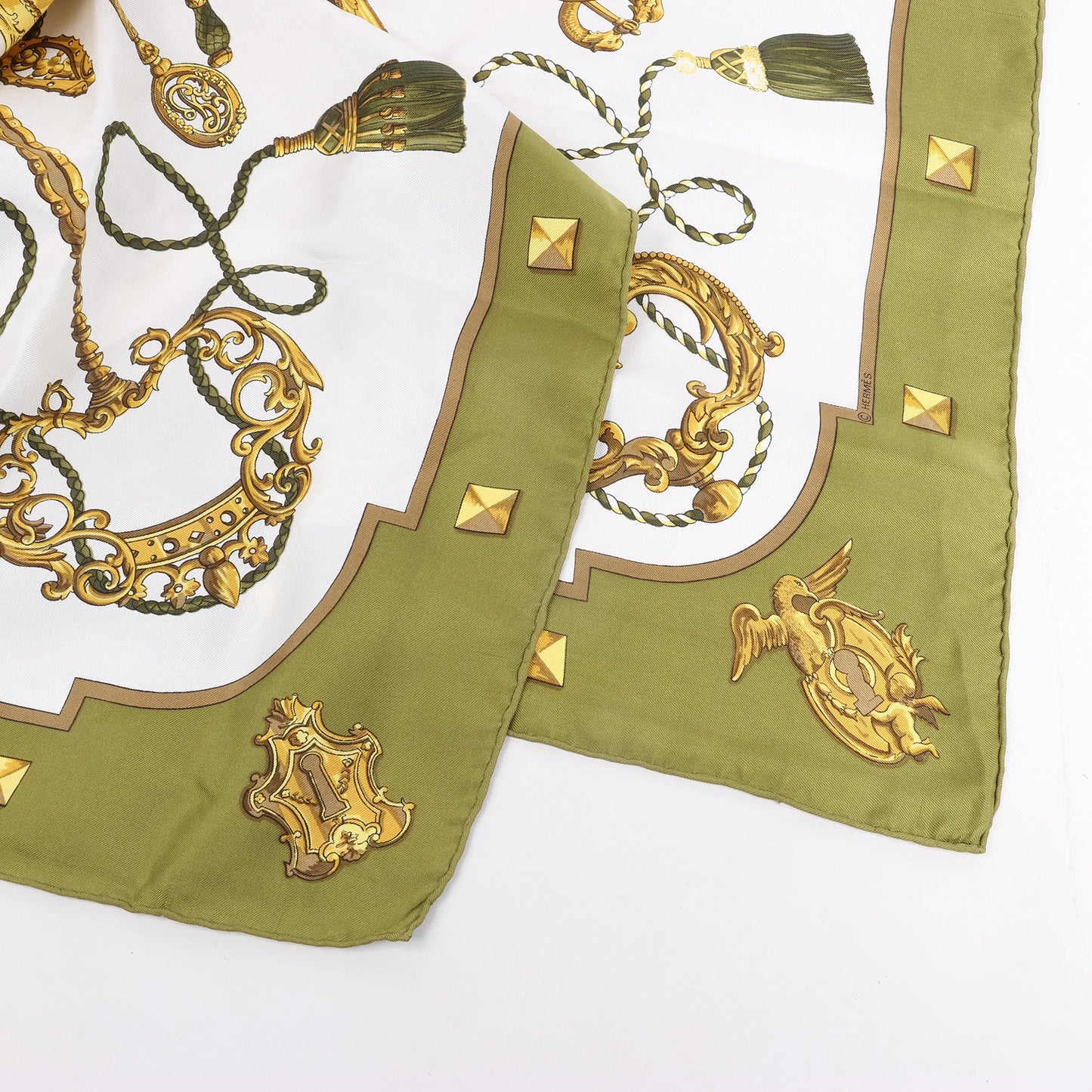 Hermès Carré 90 "LES CLES" Silk handkerchief in Khaki