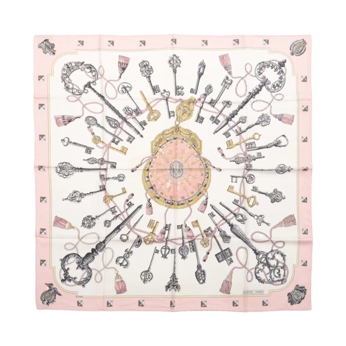 Hermès Carré 90 "LES CLES" 100% Silk Scarf in Pink