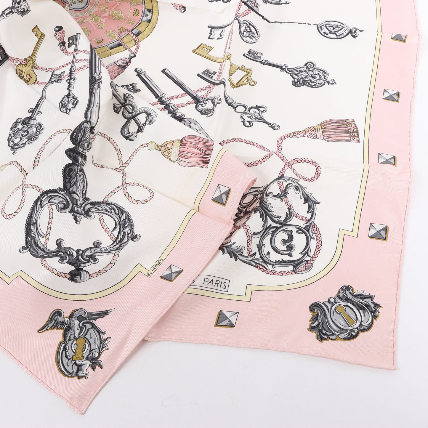 Hermès Carré 90 "LES CLES" 100% Silk Scarf in Pink