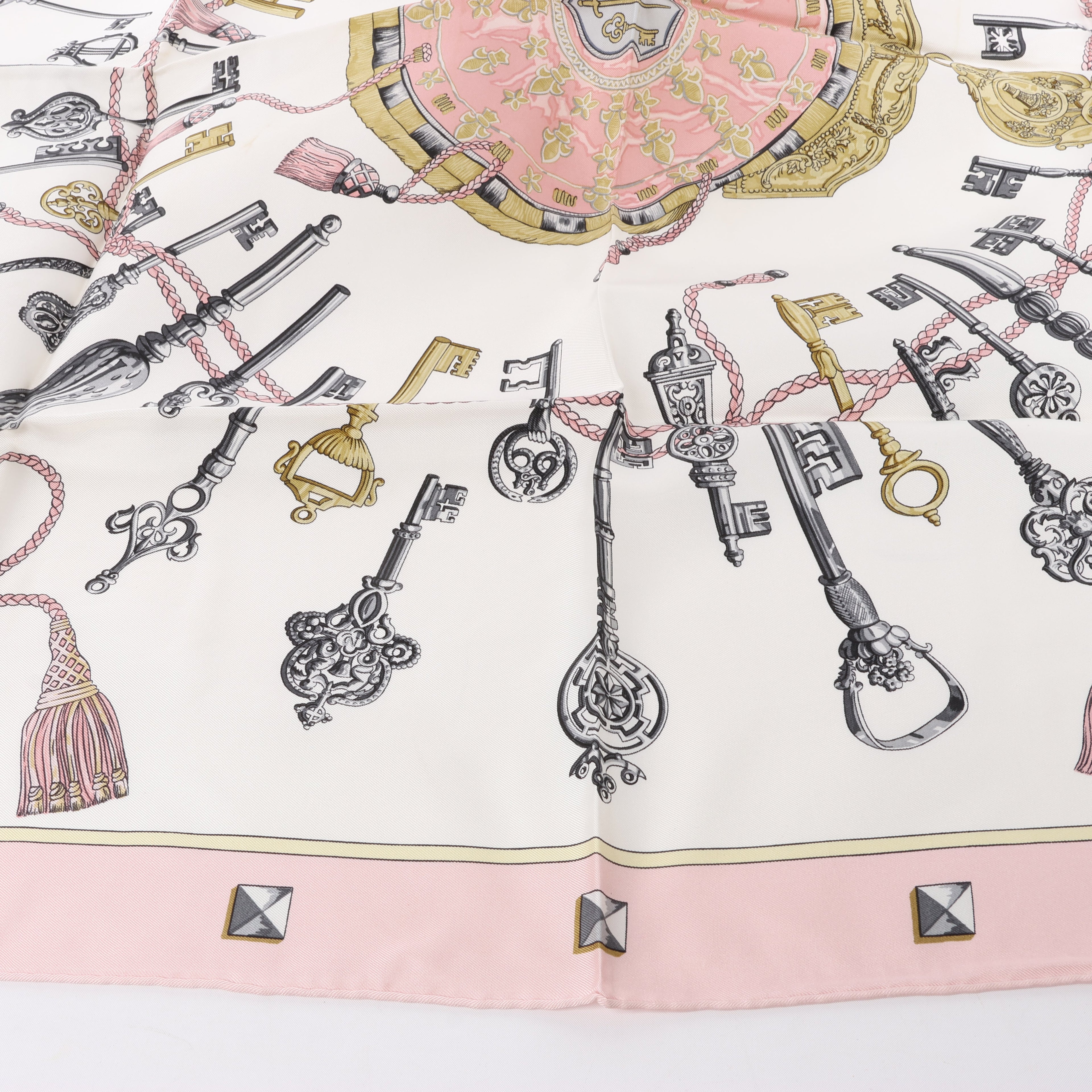 Hermès Carré 90 "LES CLES" 100% Silk Scarf in Pink