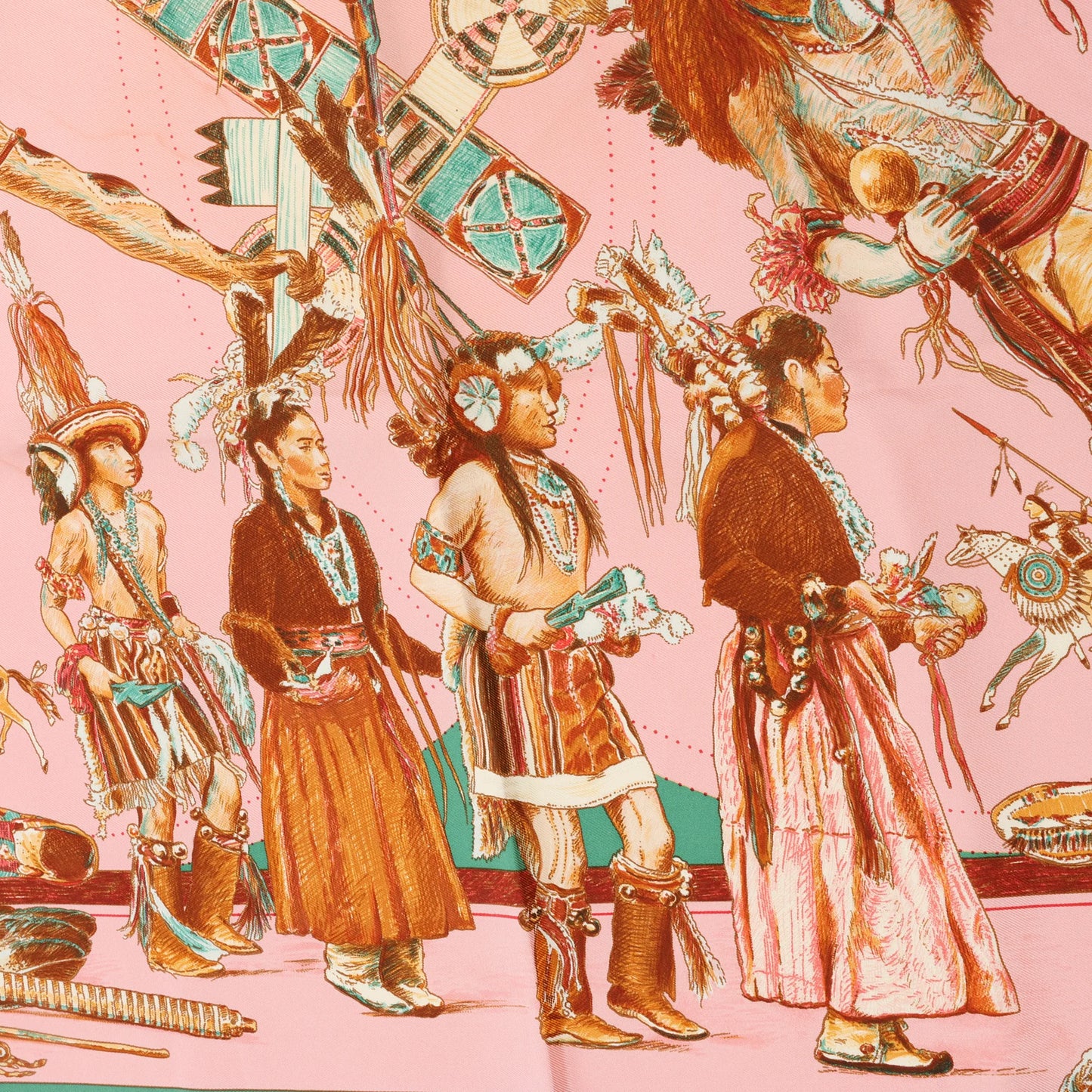 Hermès Carré 90 "LES DANSES DES INDIENS" Silk handkerchief in Pink