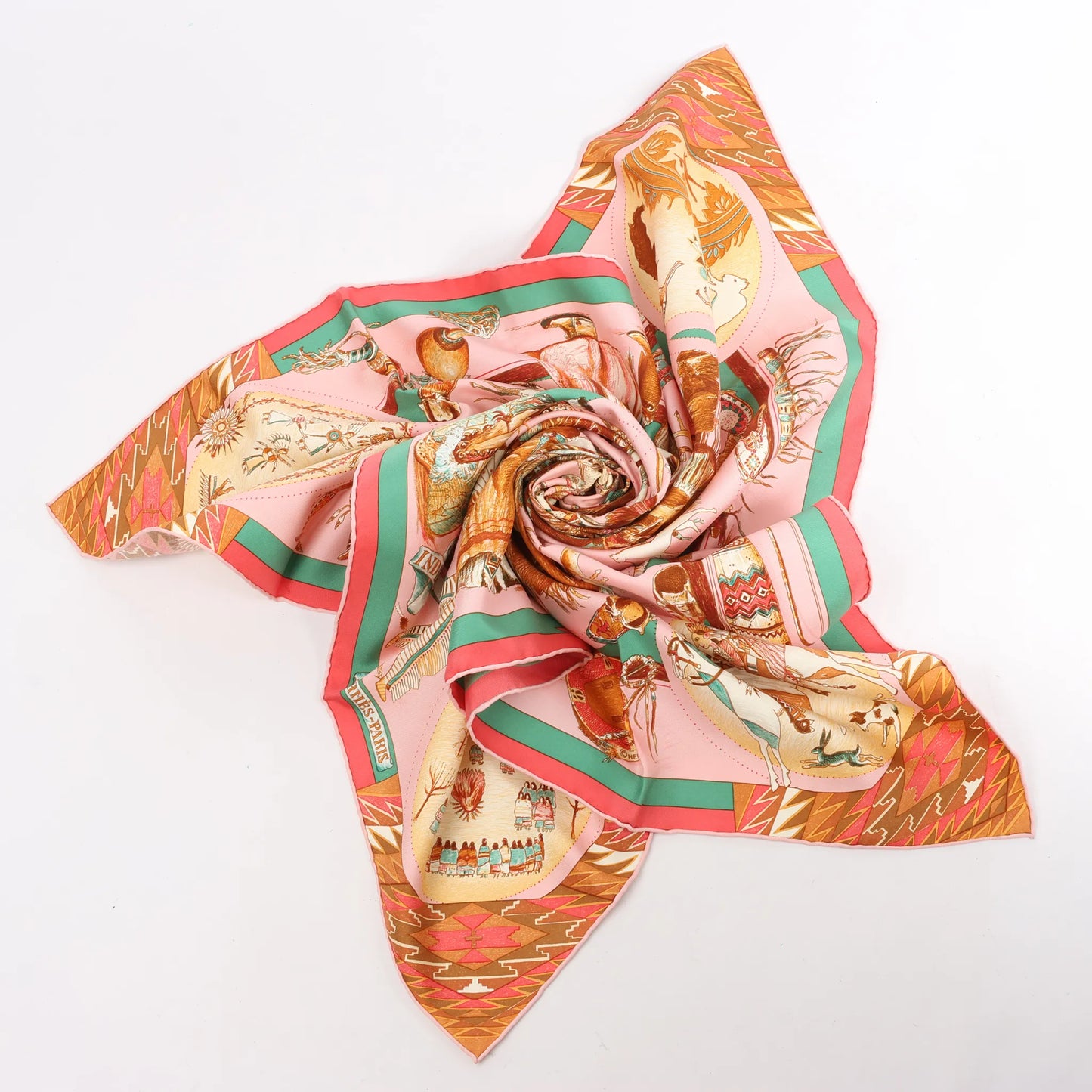 Hermès Carré 90 "LES DANSES DES INDIENS" Silk handkerchief in Pink