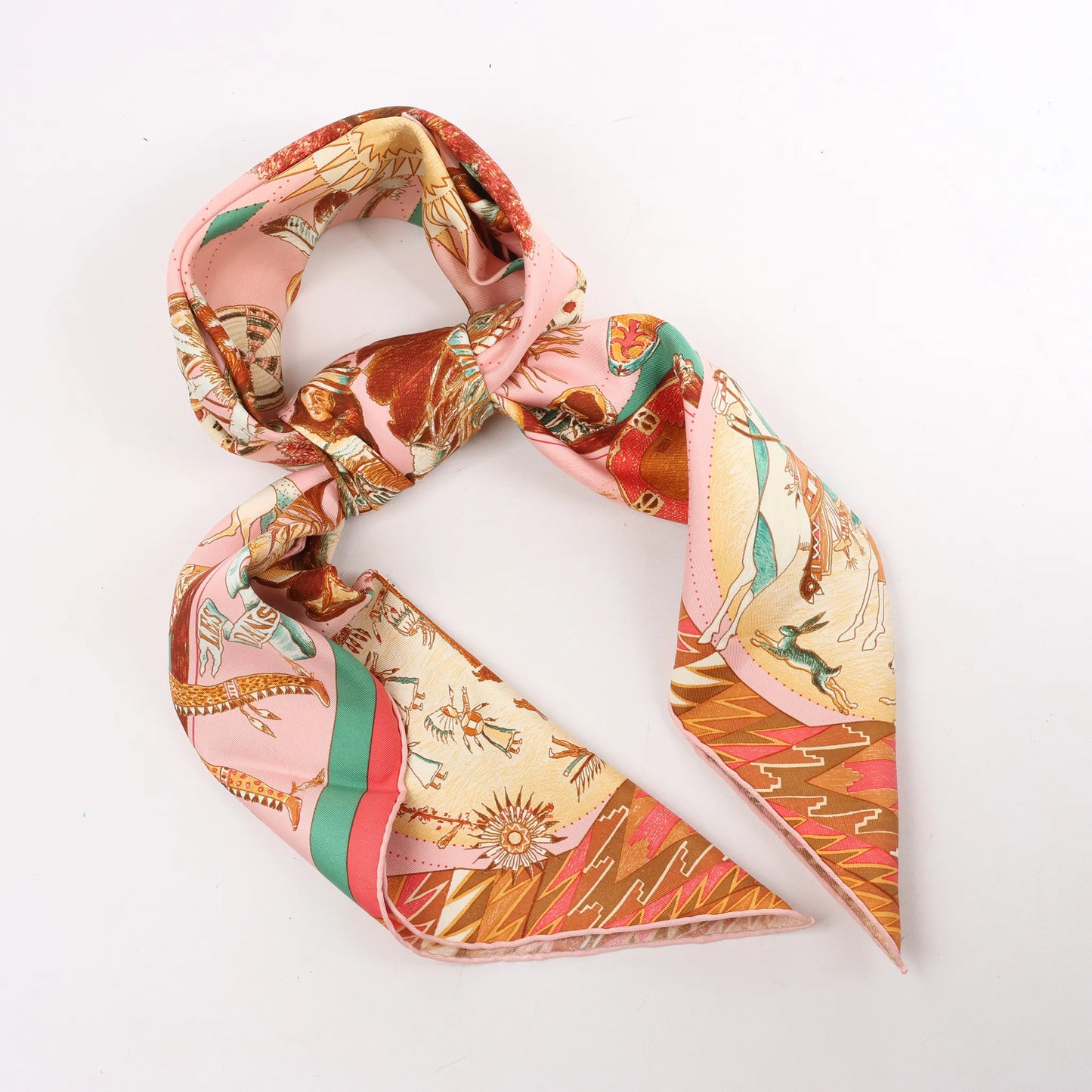 Hermès Carré 90 "LES DANSES DES INDIENS" Silk handkerchief in Pink