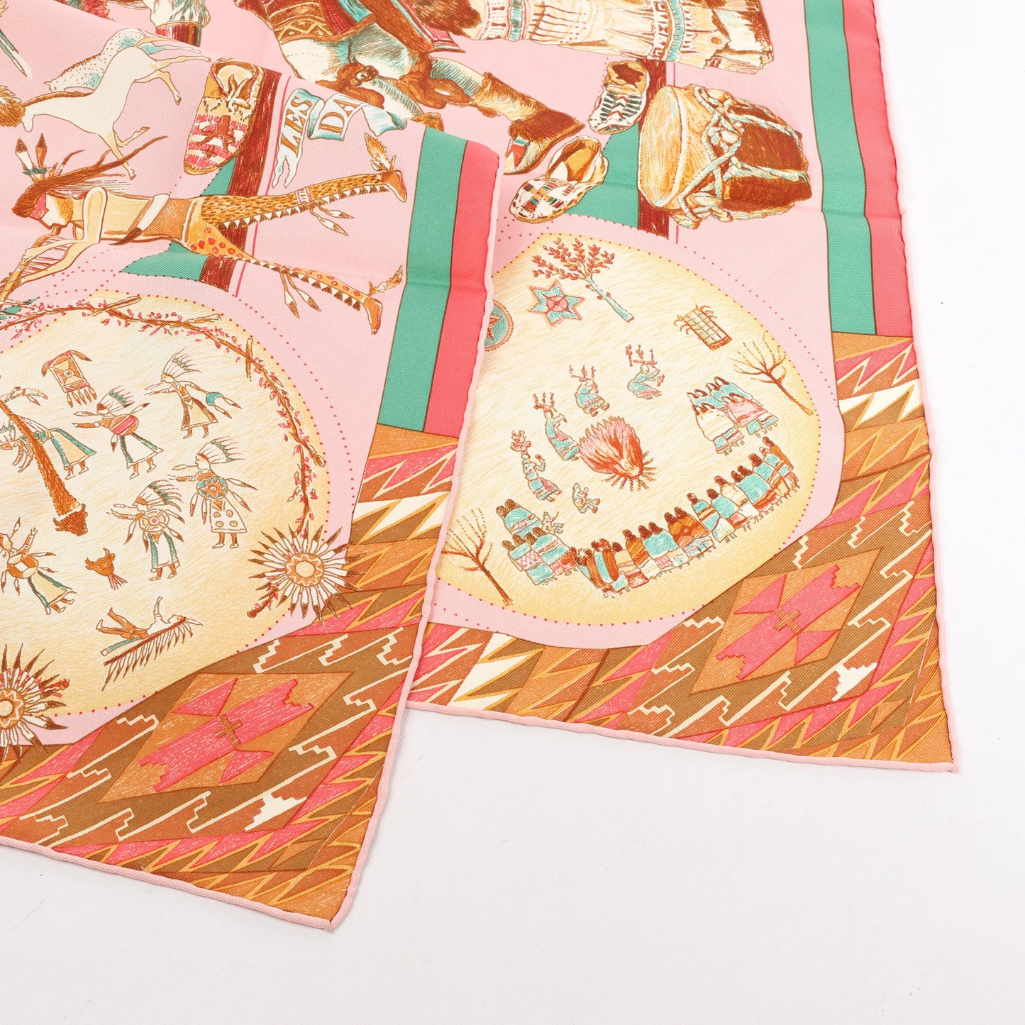 Hermès Carré 90 "LES DANSES DES INDIENS" Silk handkerchief in Pink