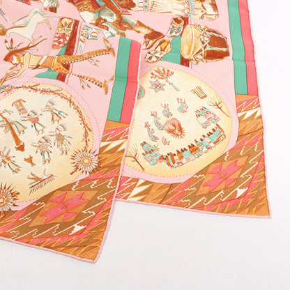 Hermès Carré 90 "LES DANSES DES INDIENS" Silk handkerchief in Pink