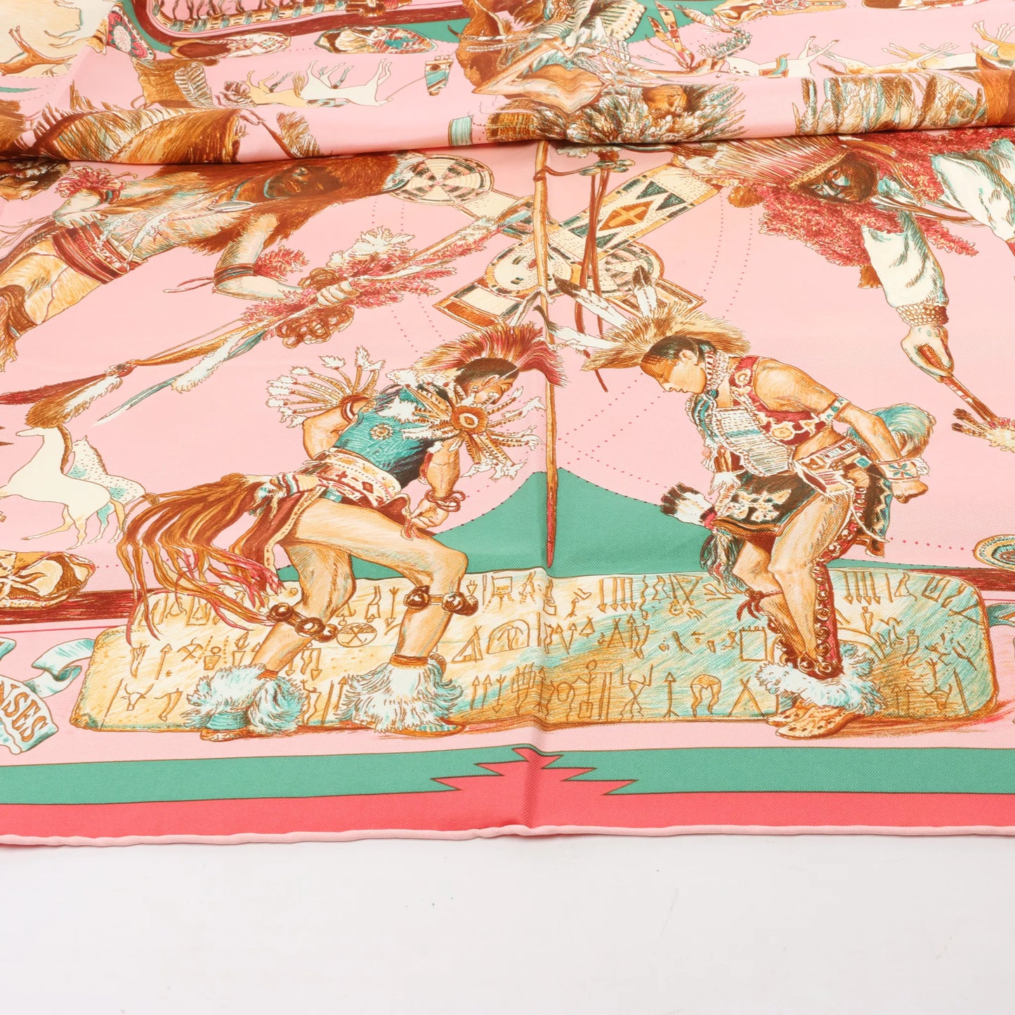 Hermès Carré 90 "LES DANSES DES INDIENS" Silk handkerchief in Pink