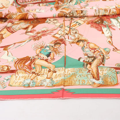 Hermès Carré 90 "LES DANSES DES INDIENS" Silk handkerchief in Pink