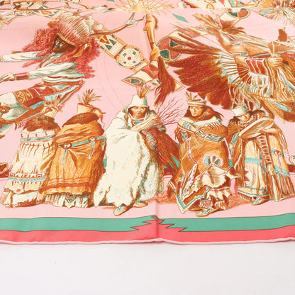 Hermès Carré 90 "LES DANSES DES INDIENS" Silk handkerchief in Pink
