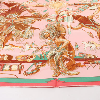 Hermès Carré 90 "LES DANSES DES INDIENS" Silk handkerchief in Pink