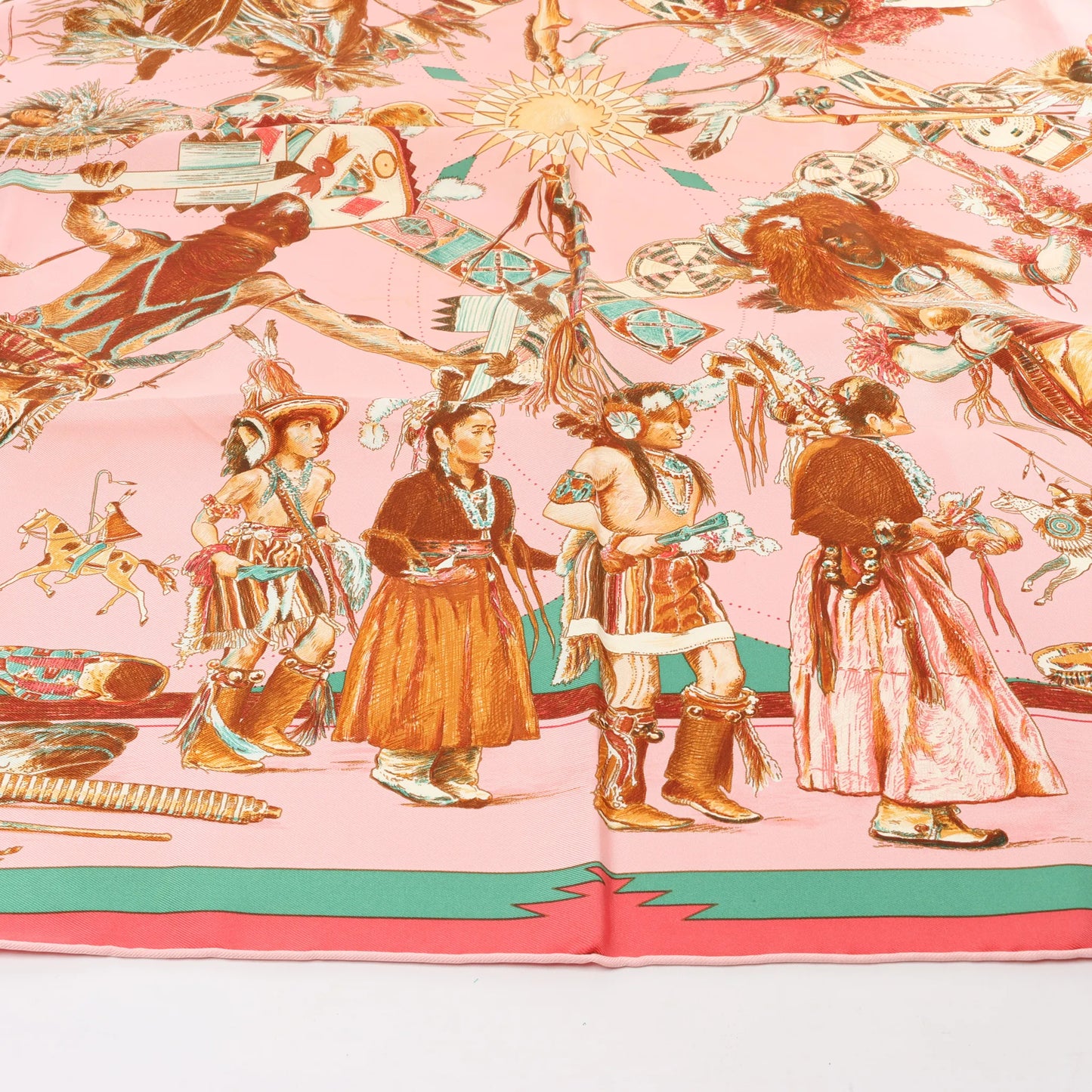 Hermès Carré 90 "LES DANSES DES INDIENS" Silk handkerchief in Pink