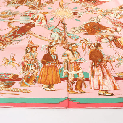 Hermès Carré 90 "LES DANSES DES INDIENS" Silk handkerchief in Pink