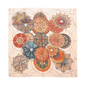 Hermès Carré 90 silk scarf with multicolor ornate dome motifs on a light beige background, laid flat on white background.