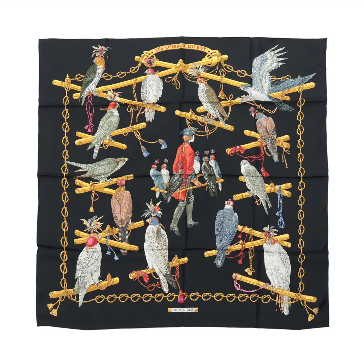 Hermès Carré 90 "LES OISEAUX DU ROY" Silk handkerchief in Black x Gold