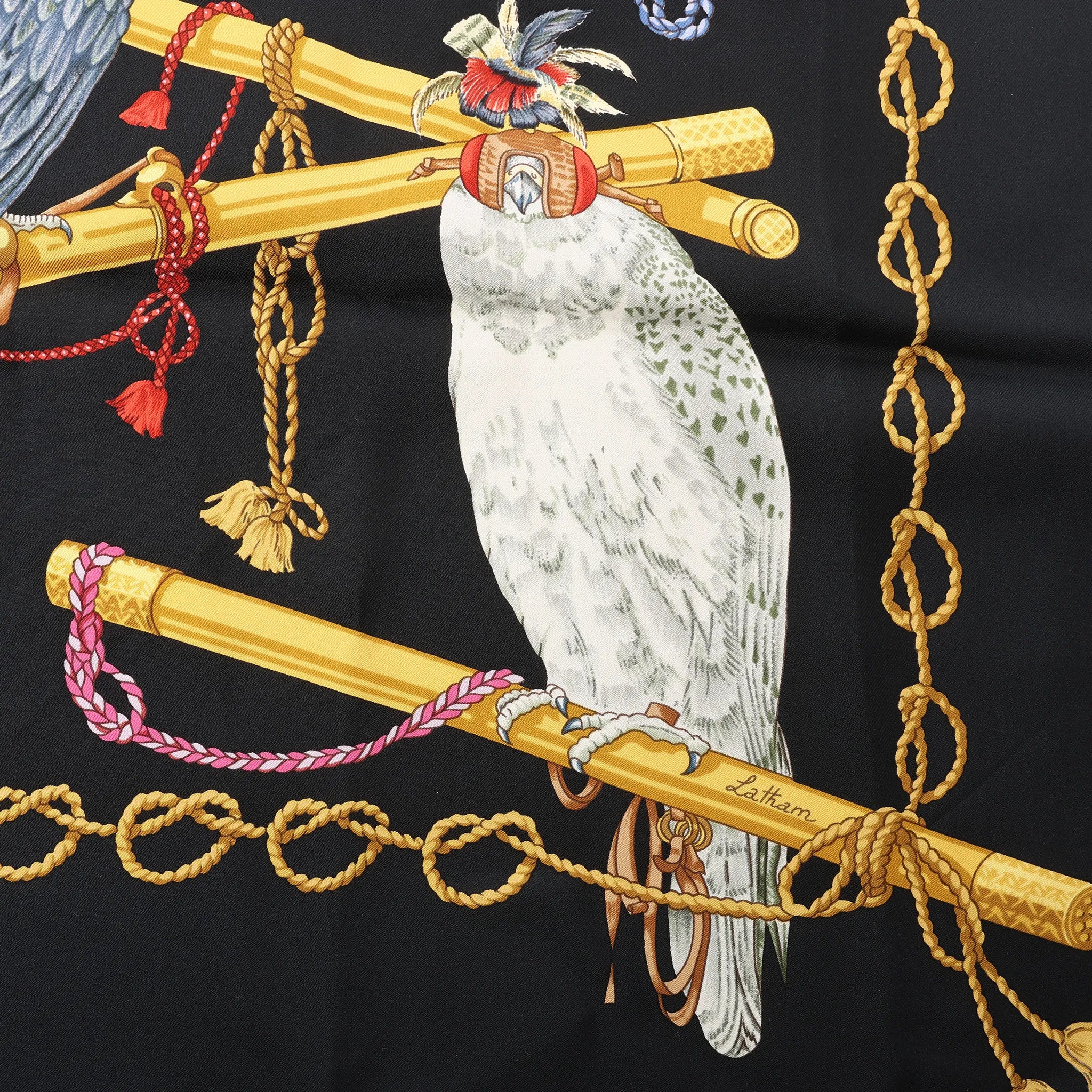 Hermès Carré 90 "LES OISEAUX DU ROY" Silk handkerchief in Black x Gold