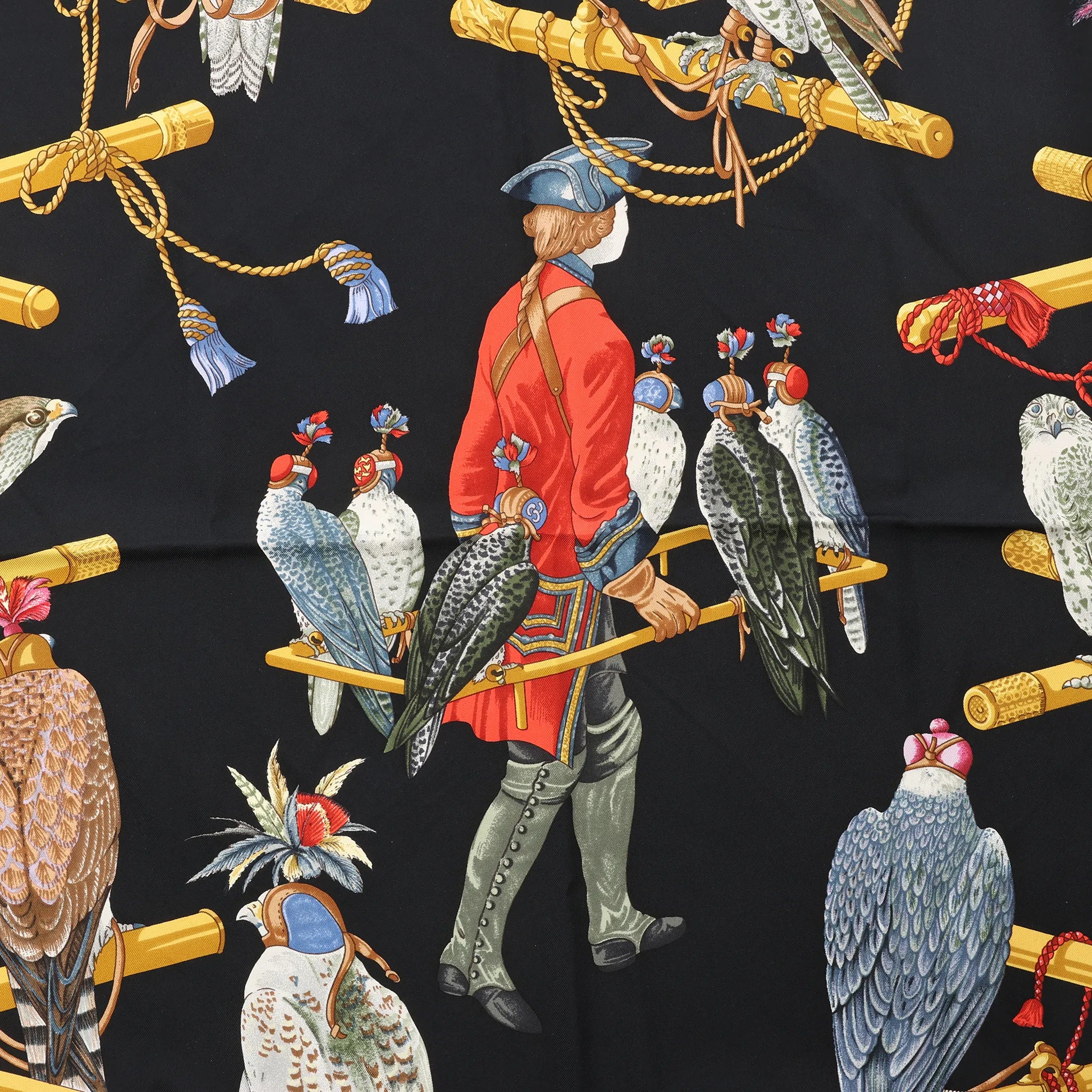 Hermès Carré 90 "LES OISEAUX DU ROY" Silk handkerchief in Black x Gold