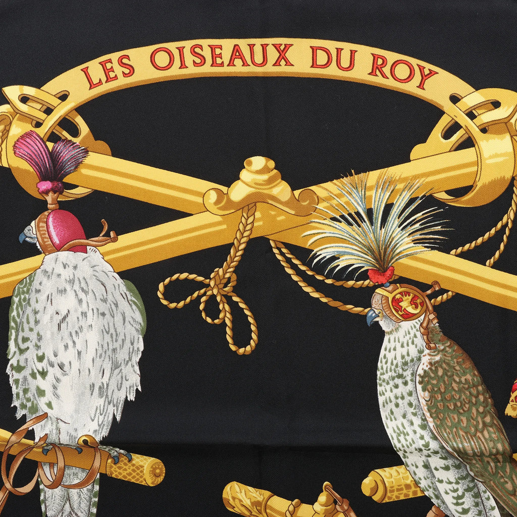 Hermès Carré 90 "LES OISEAUX DU ROY" Silk handkerchief in Black x Gold
