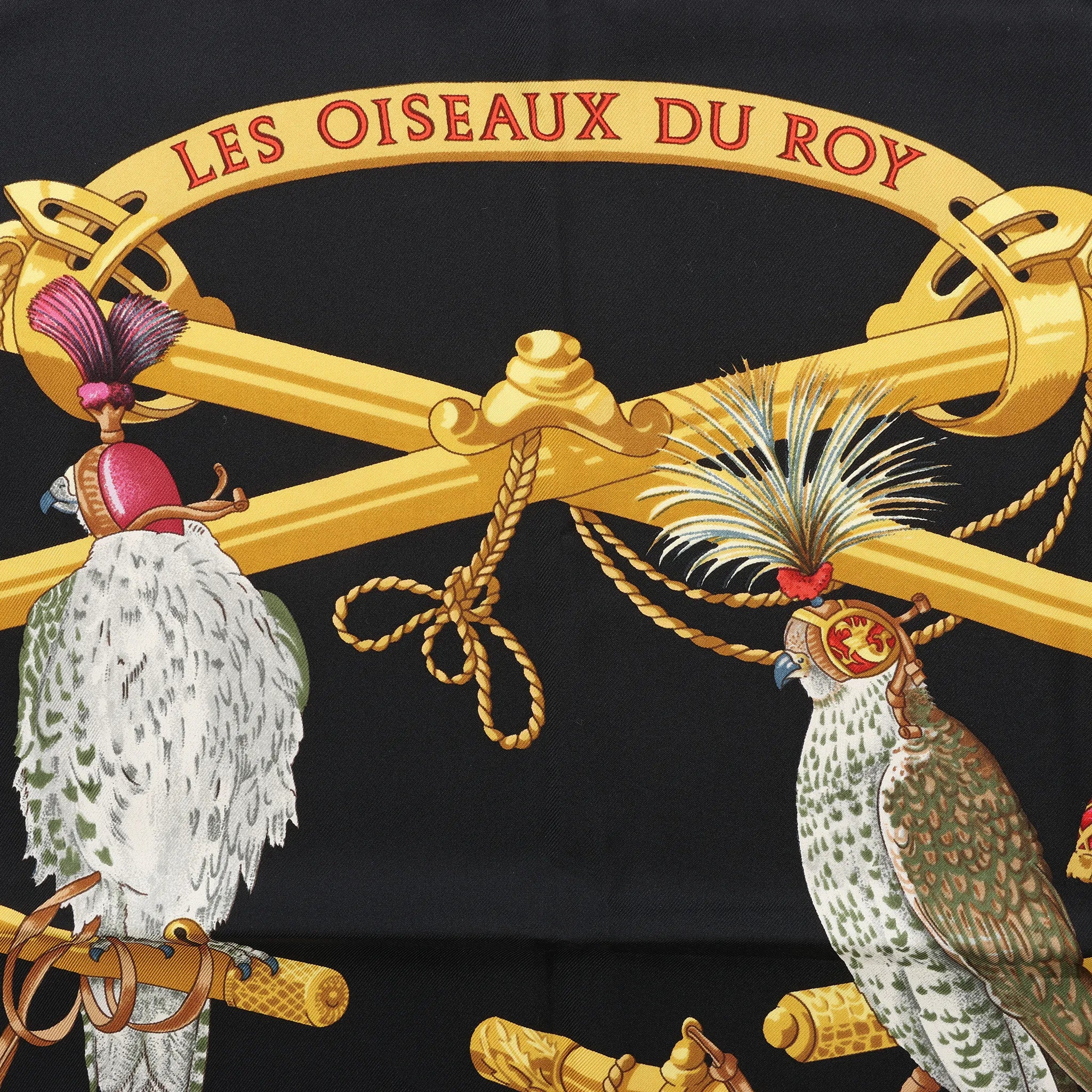 Hermès Carré 90 "LES OISEAUX DU ROY" Silk handkerchief in Black x Gold