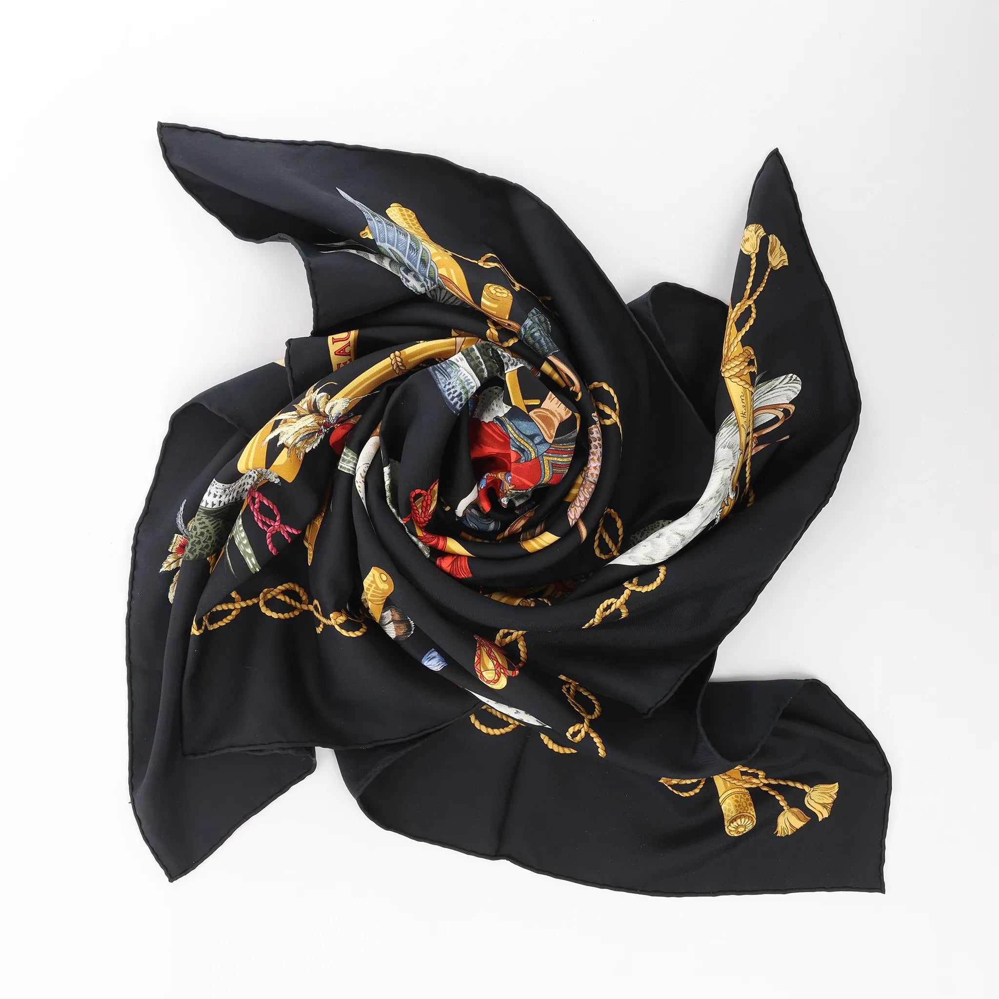 Hermès Carré 90 "LES OISEAUX DU ROY" Silk handkerchief in Black x Gold